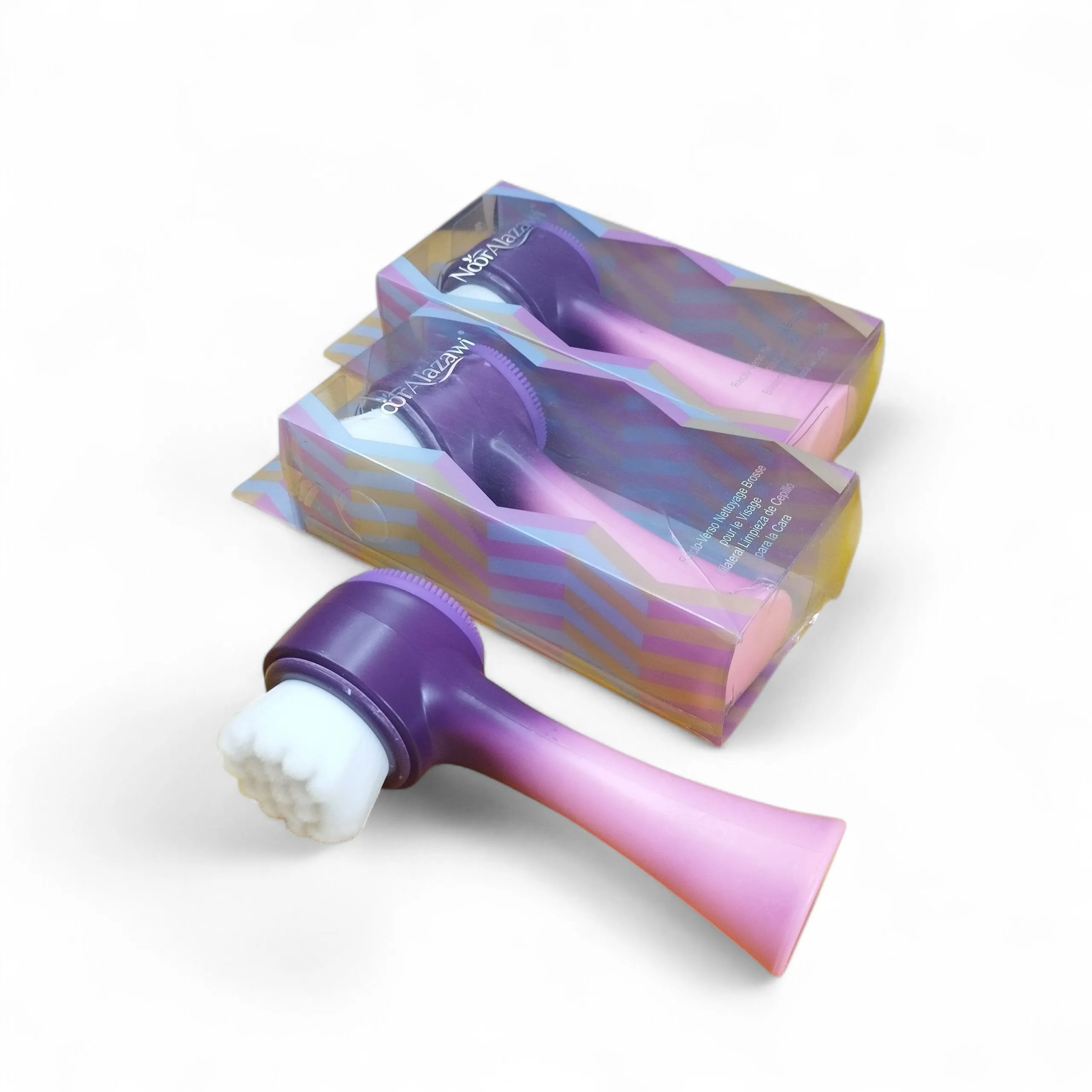 فیس براش دسته دار خارجی- rozhiyaarayeshi.com (1) فیس براش دستی دوسر مویی و سیلیکونی نار الازاوی دورنگ - Image 1